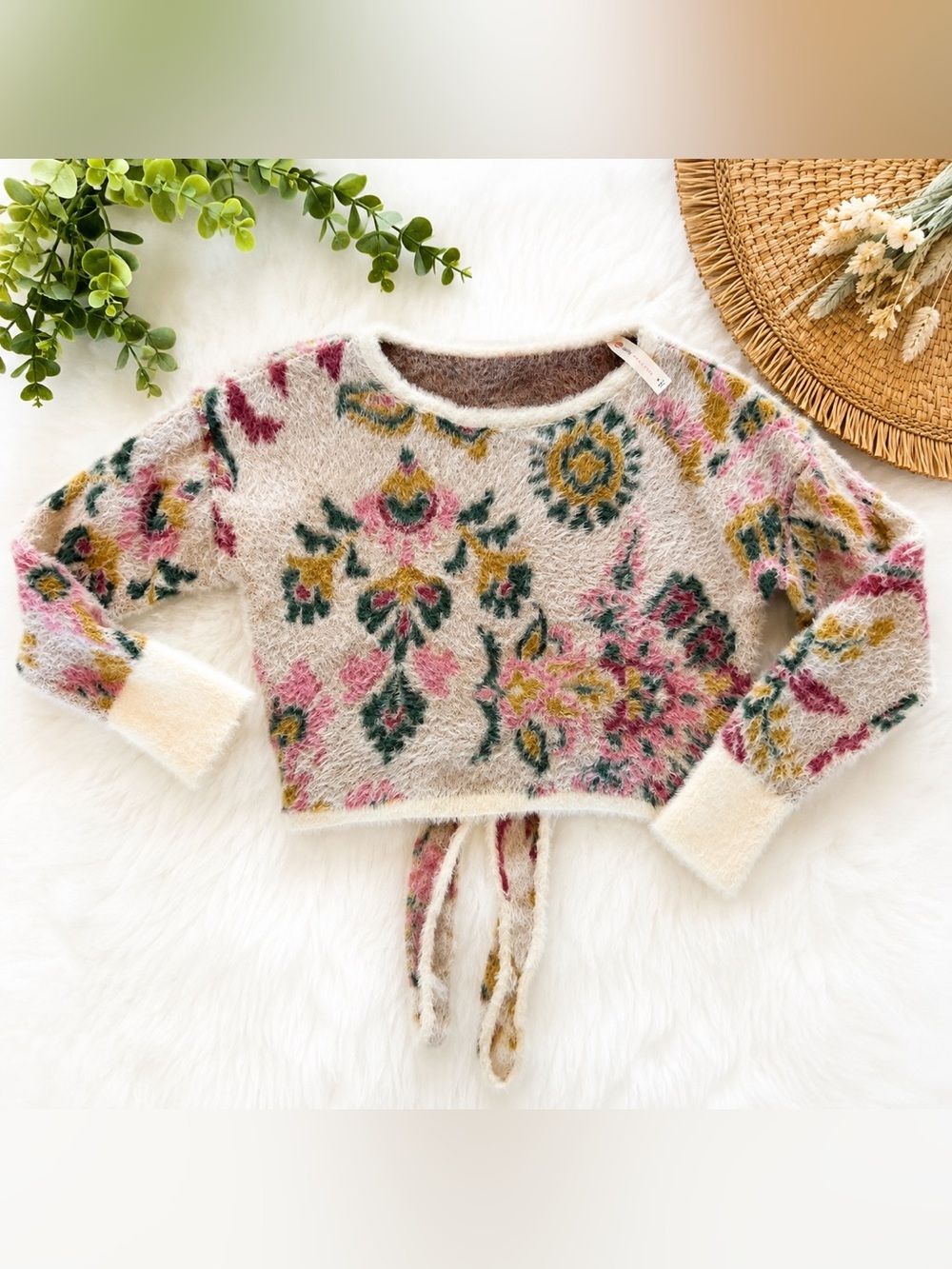 Daily Practice Fuzzy Floral Open Back Tie Sweater – Size M